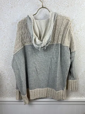 Free People Gray and Cream Mixed-Media Cable Knit Hoodie - Size - XS thumbnail 3