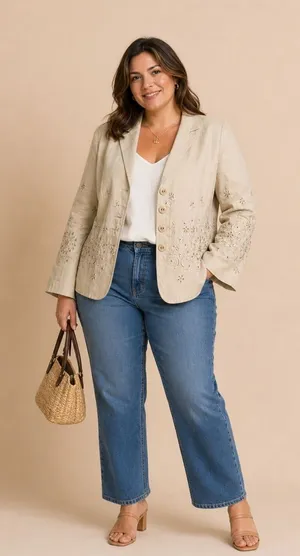 Carole Little Linen Embroidered Blazer Jacket Tan Button Front Floral Eyelet 16W thumbnail 1