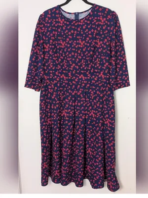 Navy Red Floral Fit & Flare Midi Dress XXL 3/4 Sleeve Pockets Plus thumbnail 3