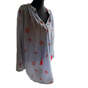Violet Sky Flamingo Embroidered Tunic Blouse Small Blue White Stripe Cotton Boho thumbnail 11