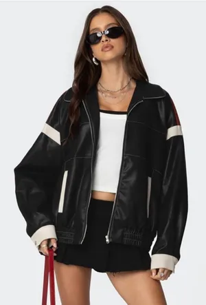 Edikted North Star Faux Leather Jacket Black Red Racing Biker Bomber M New thumbnail 1