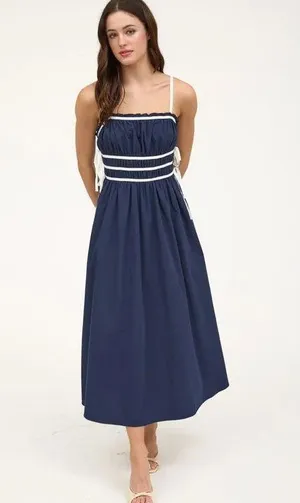 Navy Midi Dress with White Trim and Spaghetti Straps Size L 100% Cotton thumbnail 1