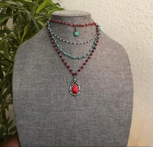 Y2K Whimsygoth Red turquoise jewel beaded 4-layered necklace jewelry vampy #boho #indie #hippie #festival #western thumbnail 2
