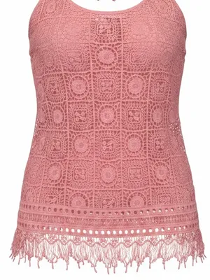 Rue 21 Pink Crochet Fringe Tank Top Boho Festival Beach Cami Lined L thumbnail 2
