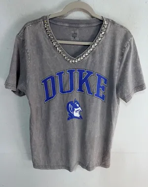 Duke Relaxed Jeweled Rhinestone V-Neck Tee Women's Med Grey Gameday Couture New thumbnail 1