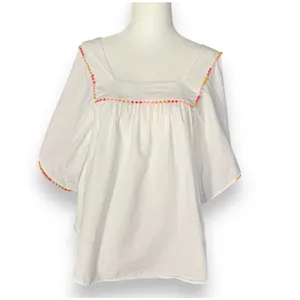 Madewell‎ White Cotton Pom PomTrim Blouse Medium Boho Festival Butterfly Top thumbnail 12