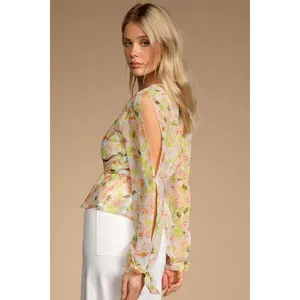 Lulus Spring Vibes White Floral Print Cutout Long Sleeve Peplum Top XL thumbnail 2