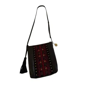 Lucky Brand Leather Crossbody Purse Black Red Embroidered Boho Tassel EUC thumbnail 3