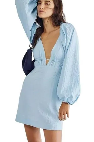 NWT Free People Endless Summer Puff Sleeve Open Back Mini Dress Blue Size Large thumbnail 1