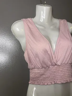 Urban Outfitters Tank Top Womens Medium Pink Deep V Neck Smocked Cropped thumbnail 2