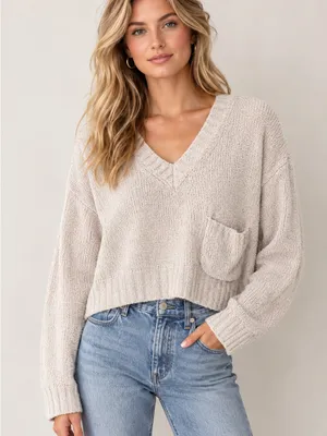 ATM Cropped Long Sleeve Slouchy Pocket V-Neck Sweater thumbnail 1