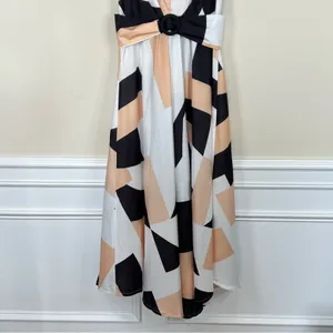 CBR ChicMe black tan geometric print tie shoulder belted midi dress M NEW thumbnail 4