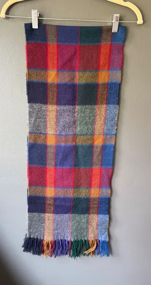 Colorful Plaid Wool Blend Scarf with Fringe thumbnail 1