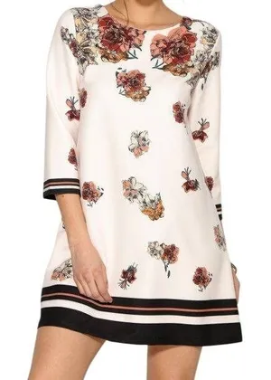 ZARA Floral Cream Brown Striped Hem 3/4 Sleeve‎ Shift Mini Dress NWT $70 Medium thumbnail 1