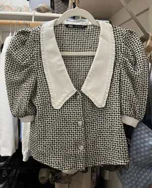 Black And White Tweed Top With Poplin Collar thumbnail 1