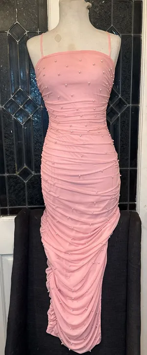 Blush Pink Pearl Ruched Midi Dress – Bodycon Fit – Spaghetti Straps thumbnail 1
