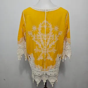 Cato Sunflower Yellow Embroidered Crochet Trim Tunic Size Large thumbnail 4