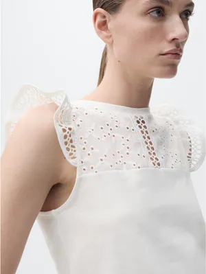 Mango Cotton Top with Lace Neckline NWT White XS thumbnail 2
