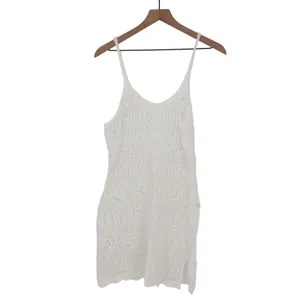 White Crochet Knit Beach Cover Up Dress Spaghetti Strap Mini V-Neck Large thumbnail 2