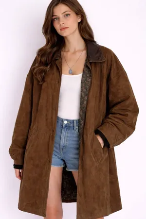 Vintage Verducci Ital Brown Leather Suede Trench Coat With Slit In Back SZ Small thumbnail 1