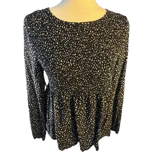 URBAN Romantics Black and White Smocked Peplum Long Sleeve Blouse thumbnail 2