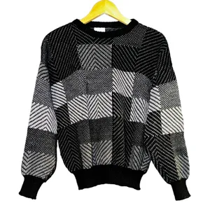New Fast Long‎ Crop Grandpa Sweater Color Blocked Black Gray Women's Size Medium thumbnail 1