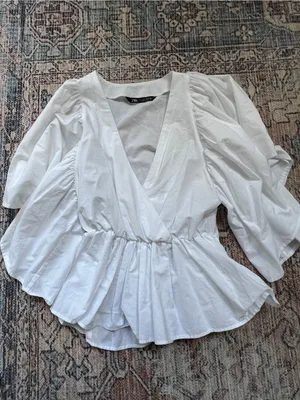 Zara White V-Neck Peplum Puff-Sleeve Blouse 100% Cotton Size Large thumbnail 5