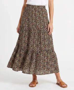 Mimi Chica Black Floral Ditsy Tiered Maxi Skirt Large Boho thumbnail 1