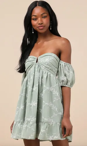 Lulus Cutest Icon Sage Green Embroidered Off-the-Shoulder Mini Dress Small NWT thumbnail 1