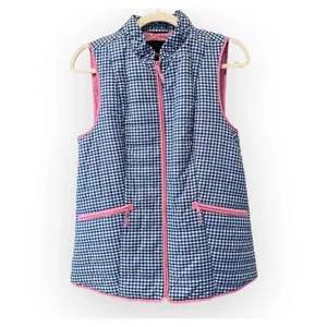 Talbots‎ Womens Blue Gingham Quilted Puffer Vest Pink Trim Full Zip XS Pockets thumbnail 4