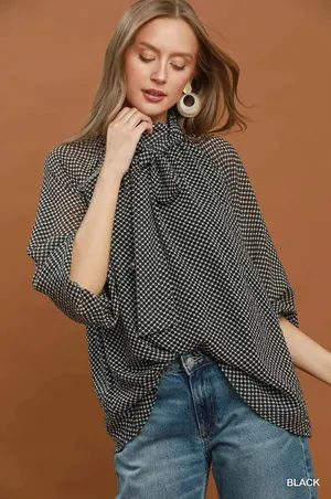Umgee Dot Print Tie Neck Long Sleeve Blouse - Black - Large thumbnail 1