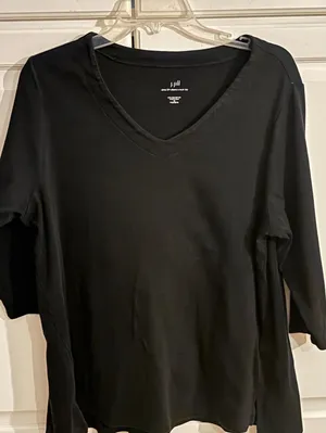 J. Jill Pima Cotton 3/4 Sleeve V-Neck Top Black 1X Womens thumbnail 1