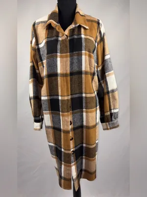 SheIn Plaid Long Coat/Jacket Shirt Camel Black White Plaid thumbnail 3
