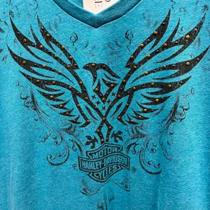 Women's Blue Eagle Graphic Brass Studded Short Sleeve Biker Tee thumbnail 2