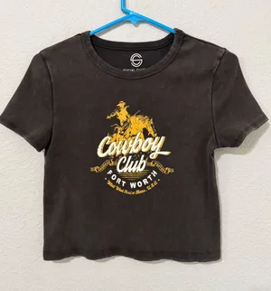 Texas Rodeo Women Top Size XL Cowboy Club Fort Worth Ribbed‎ Crop Washed Black thumbnail 1