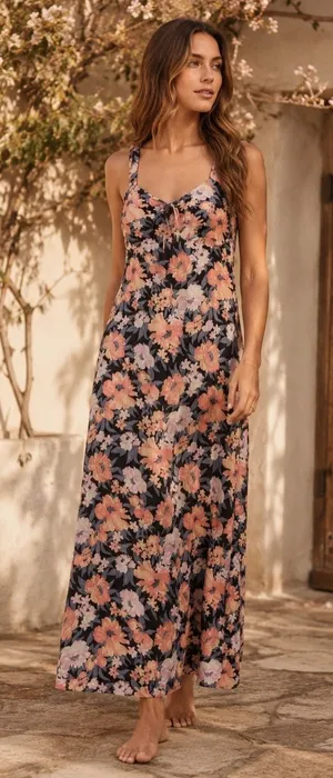 SO Floral Tie-Front Midi Dress Small Black Peach Floral Grunge Fairycore Boho thumbnail 1