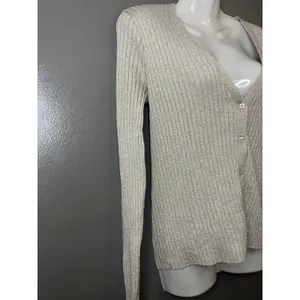 A New Day Sweater Womens Large Beige Metallic Ribbed Button Front Cardigan thumbnail 3