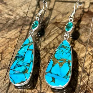 Faceted Turquoise in Copper Earrings 2 1/4” Gold thumbnail 3