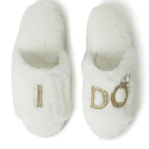 Dearfoams Women's Lane Bridal I Do Fuzzy Slide Slipper - Alabaster Size M 7/8 thumbnail 2