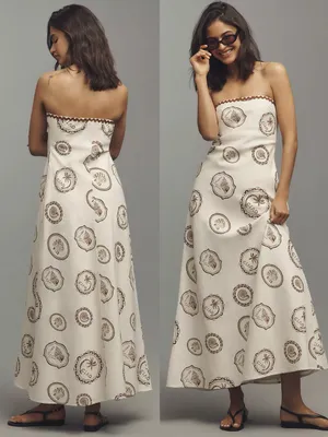 Kivari • Anthropologie Ciao Strapless Maxi Dress white linen print rickrack thumbnail 12