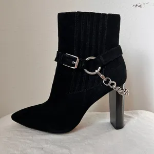 Paige London Black Suede Pointed Toe Heel Boots Chain Detail 9.5‎ thumbnail 4