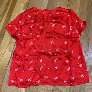 Aerie Red Bow Polka Dot Tie Front Satin Short Sleeve Top Women's Size Medium NWT thumbnail 5