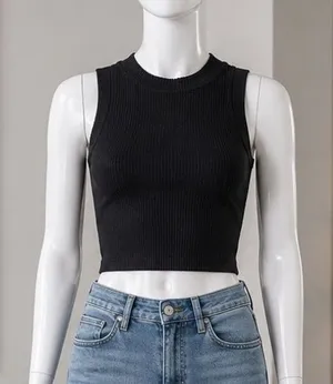 Aura Womens Tank Top Ribbed Seamless Cropped High Neck Black S/M thumbnail 1