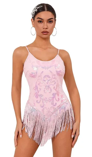 NWT ODIZLI Pink Sequin Fringe Tassel Cami Bodysuit Rave Dance Costume Small thumbnail 1