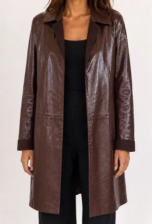 Anne Klein Leather Long Coat Brown Made in Korea Open Front Minimalist Classic L thumbnail 1