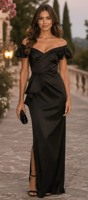 Marchesa Notte Off Shoulder Satin Draped Dress Black Size 0 thumbnail 1