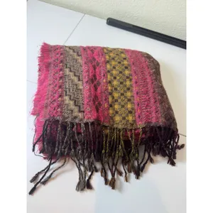 Vintage Wool Scarf‎ Women Pink Brown Fringed Boho Eclectic Tassel Earthy h thumbnail 6