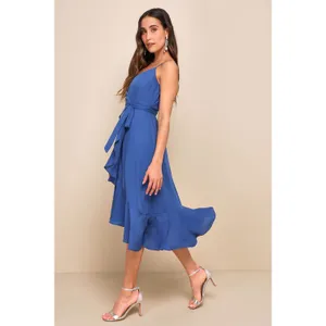 NWT Lulus Manhattan Moment Blue Ruffled Midi Wrap Dress Gala Banquet Size XS thumbnail 5