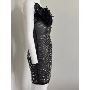 Beaded Pearl Sheer Feather Bust Dress Size Small Stretchy Bodycon Night Out thumbnail 5
