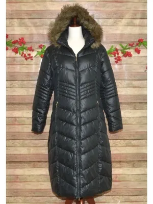 Gallery New York Womens L Long Maxi Puffer Coat Black Faux Fur Hood Quilted thumbnail 2